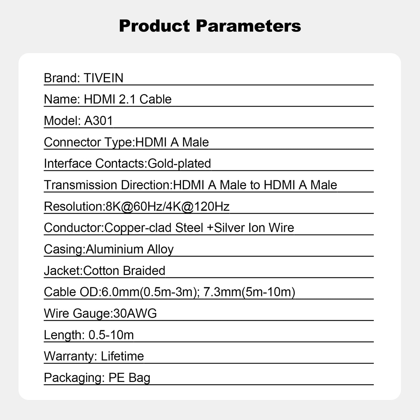 HDMI 2.1 Cable Alum Type A301