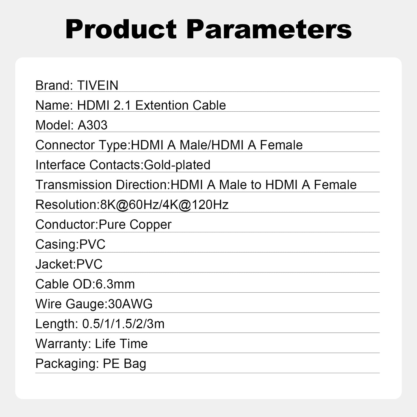 HDMI 2.1 Extension Cable PVC Type A303