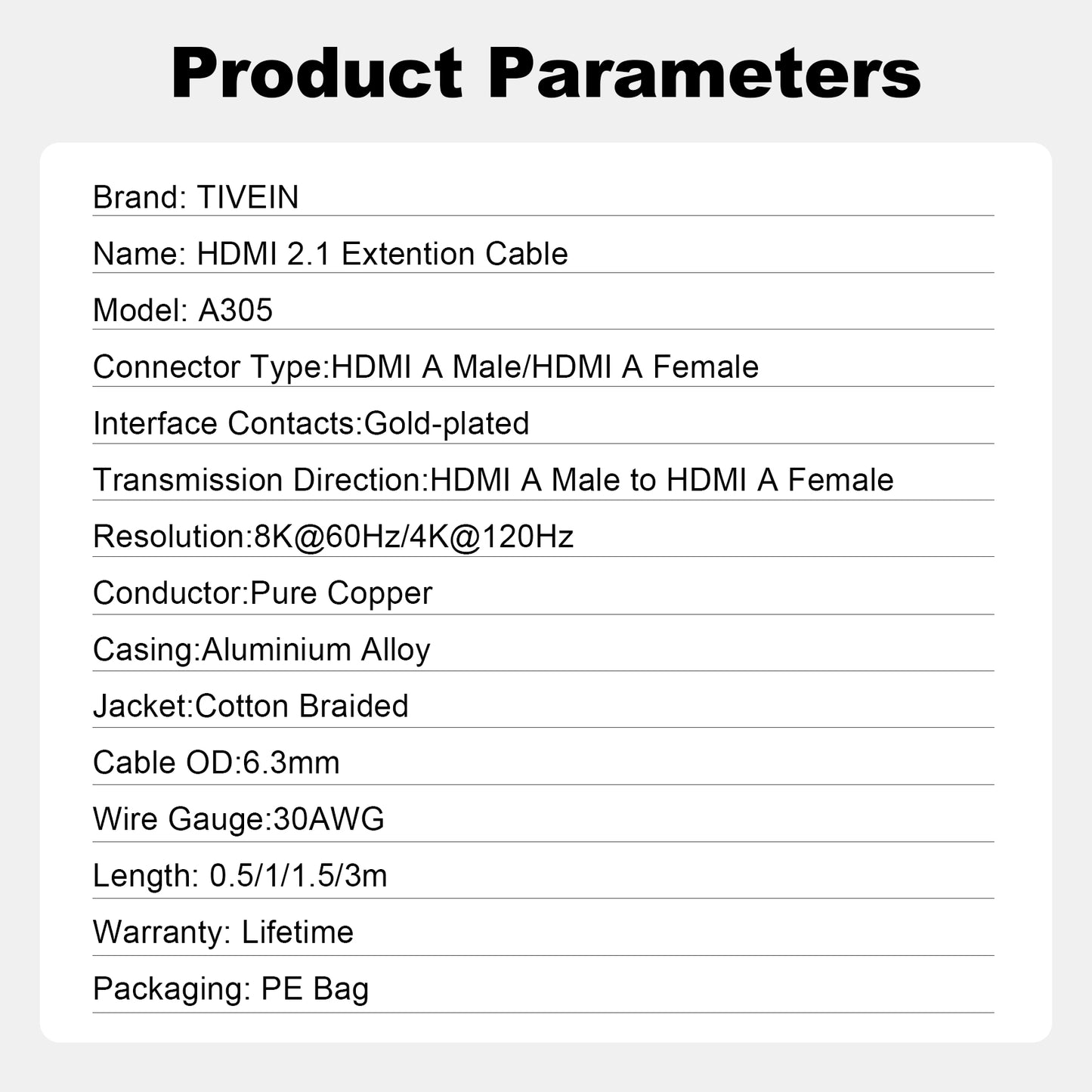 HDMI 2.1 Extention Cable Alum Type A305