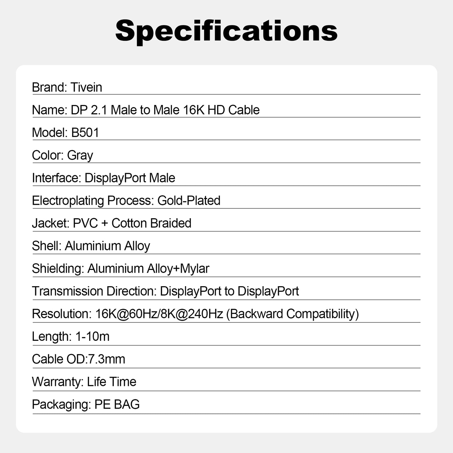 DisplayPort 2.1 Male to Male 80G Cable B501