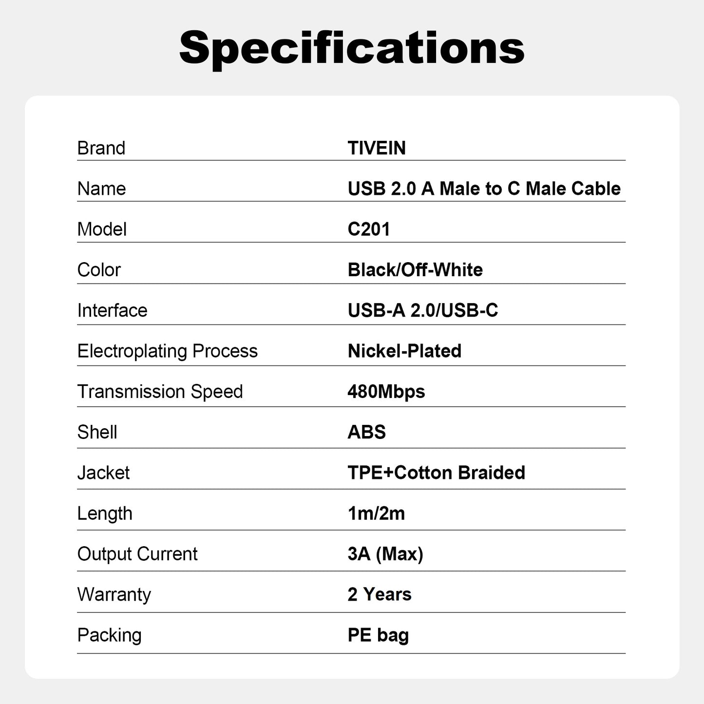 USB 2.0 A Male to C Male Cable C201