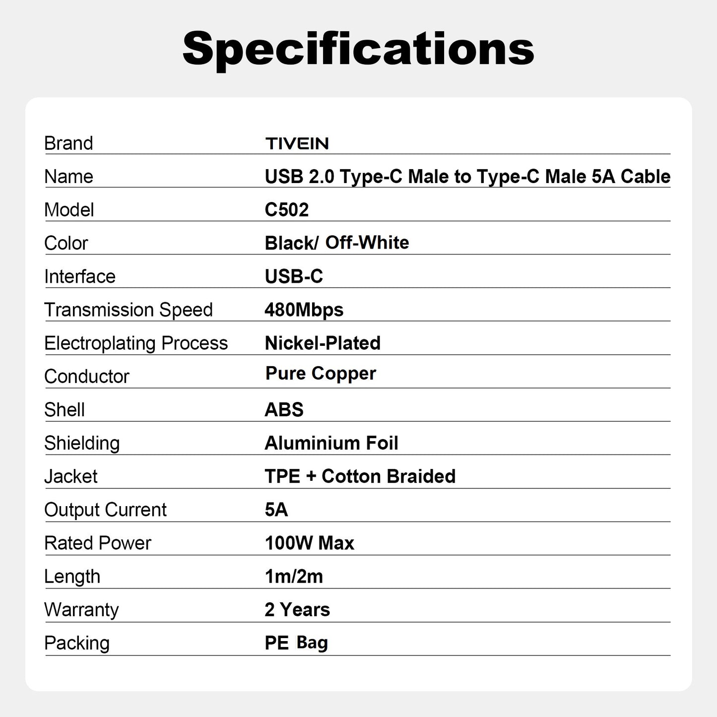USB C Male to Male Cable 100W C502