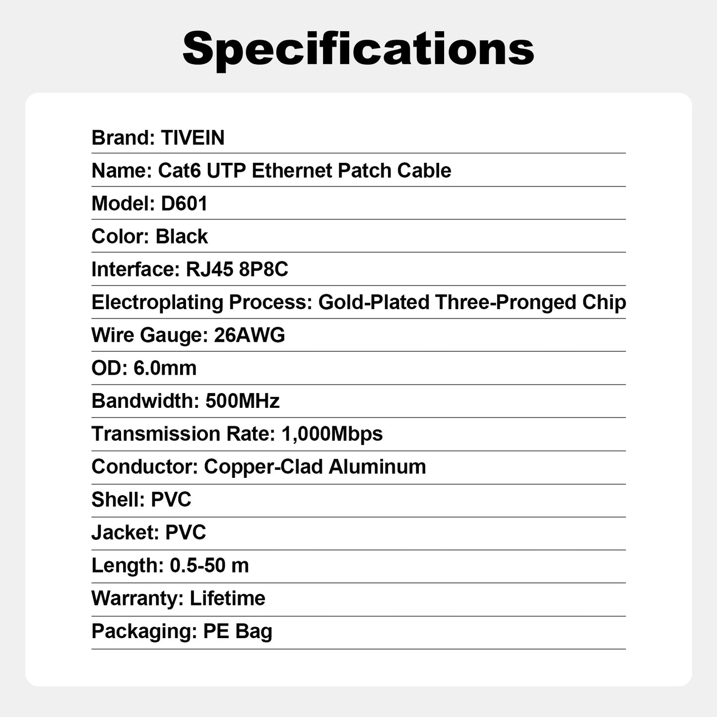 Cat 6 UTP Ethernet Patch Cable D601