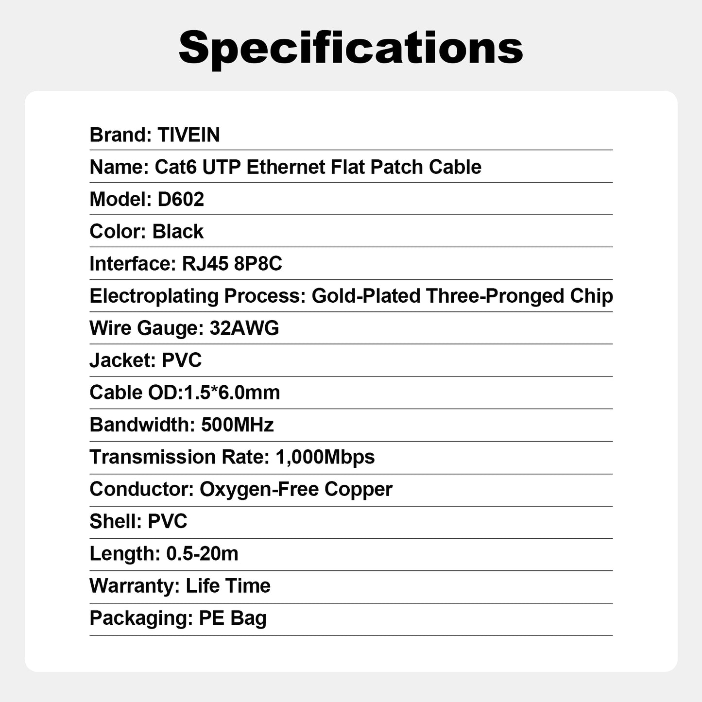 Flat Cat 6 UTP Ethernet Patch Cable D602