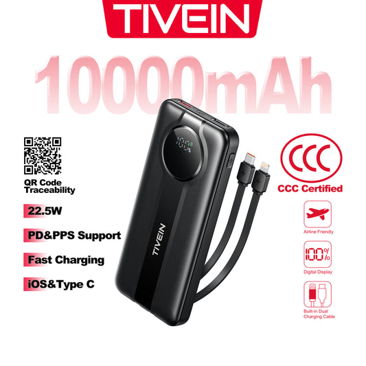 22.5W 10000mAh Power Bank (USB-A+USB-C + USB-C/Lightning) with Built-in USB-C and Lightning Cables