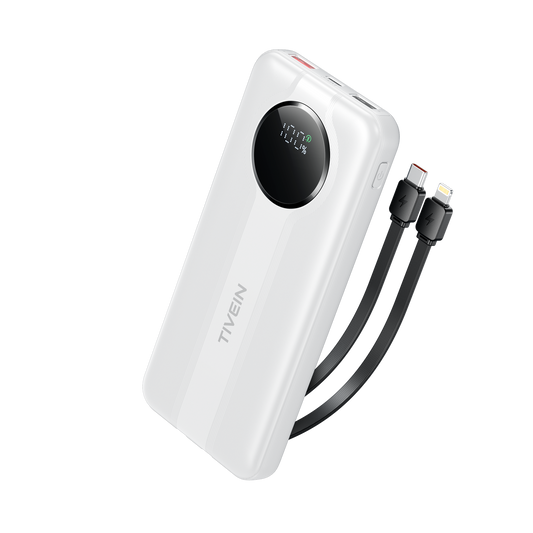 Batterie externe 10000 mAh 22,5 W (USB-A + USB-C + USB-C/Lightning) avec câbles USB-C et Lightning intégrés