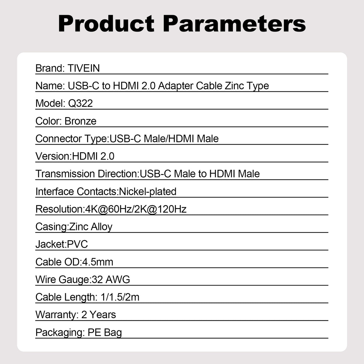 USB-C to HDMI 4K Adapter Cable Zinc Type