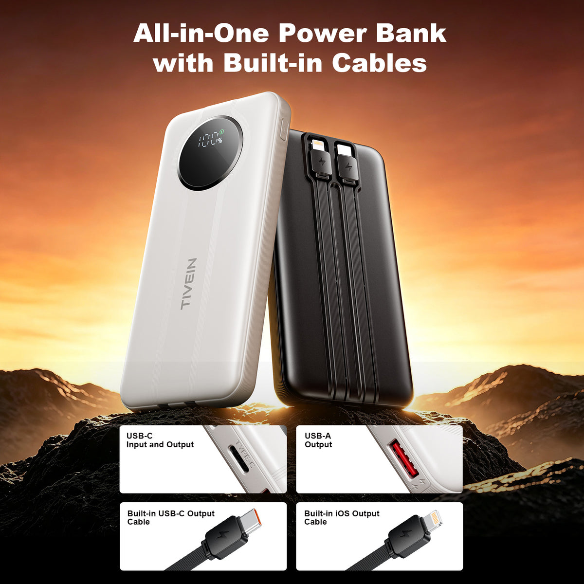 22.5W 10000mAh Power Bank (USB-A+USB-C + USB-C/Lightning) with Built-in USB-C and Lightning Cables