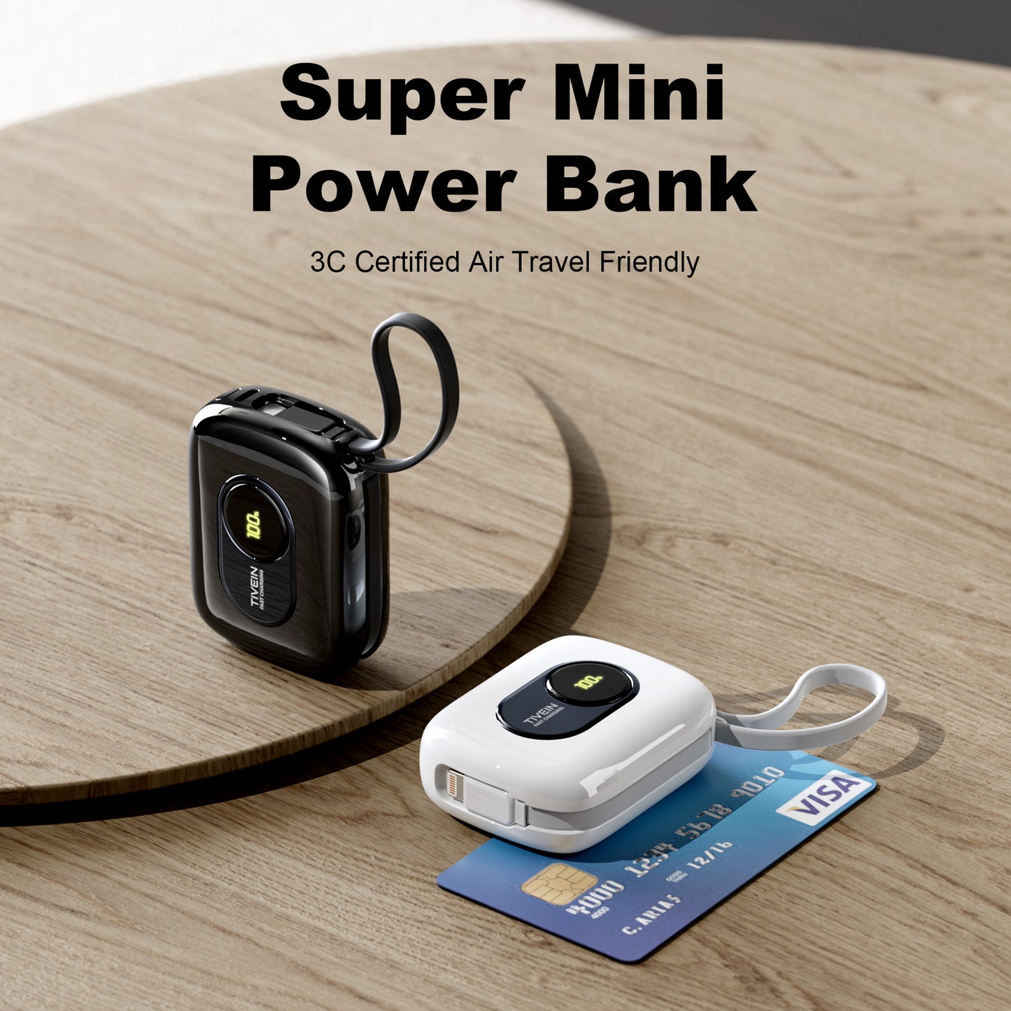 10000mAh Mini Power Bank (USB-C + USB-C/Lightning) with Built-in USB-C and Lightning Cables 22.5W