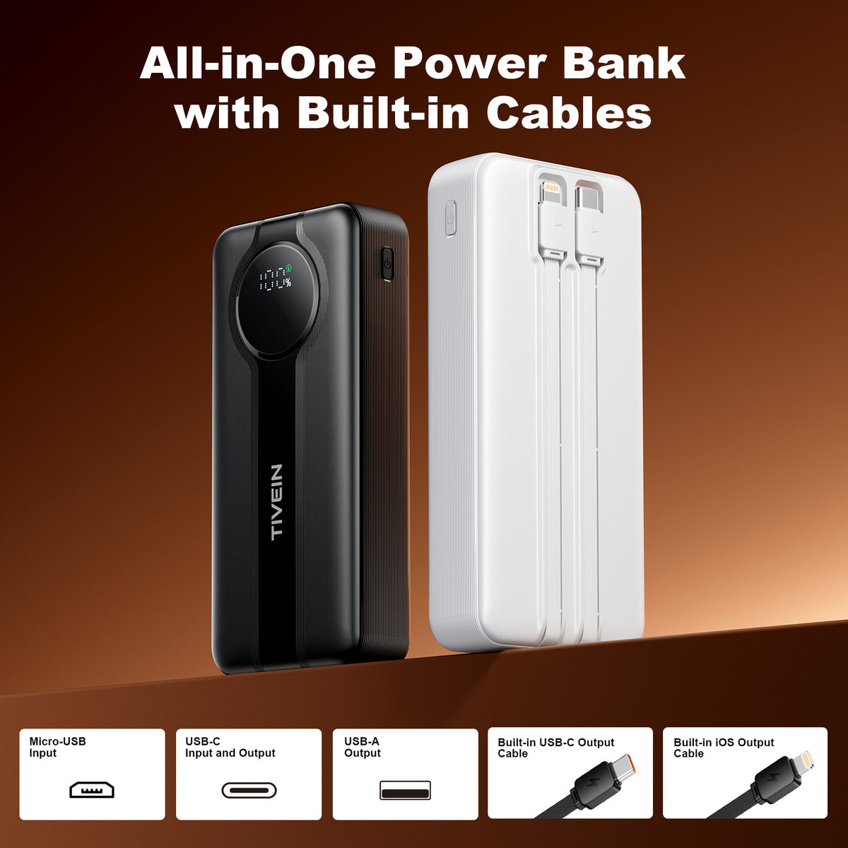 Batería Externa de 22.5W y 20000mAh (USB-A+USB-C + USB-C/Lightning) con Cables USB-C y Lightning Integrados