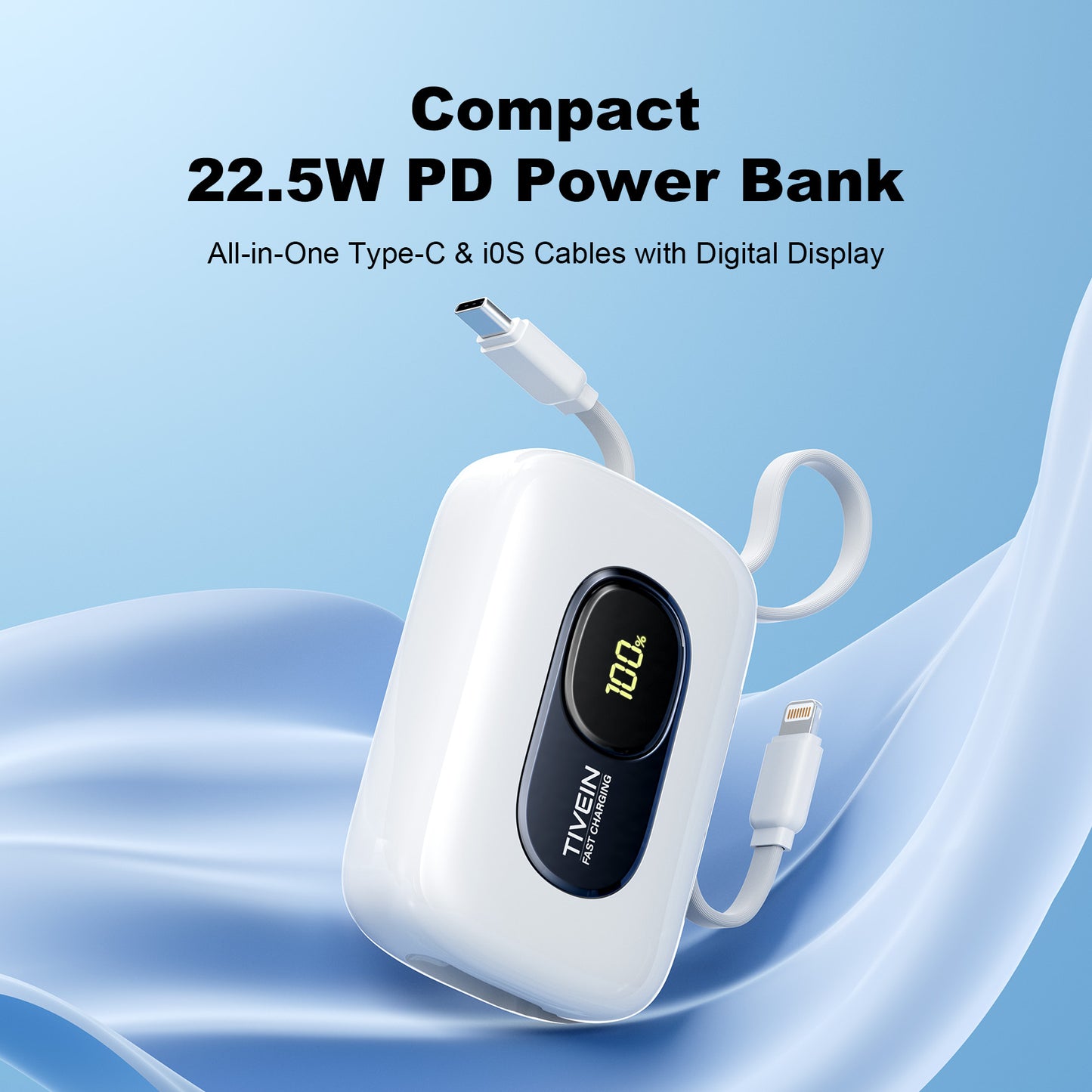 20000mAh Mini Power Bank (USB-C + USB-C/Lightning) with Built-in USB-C and Lightning Cables 22.5W