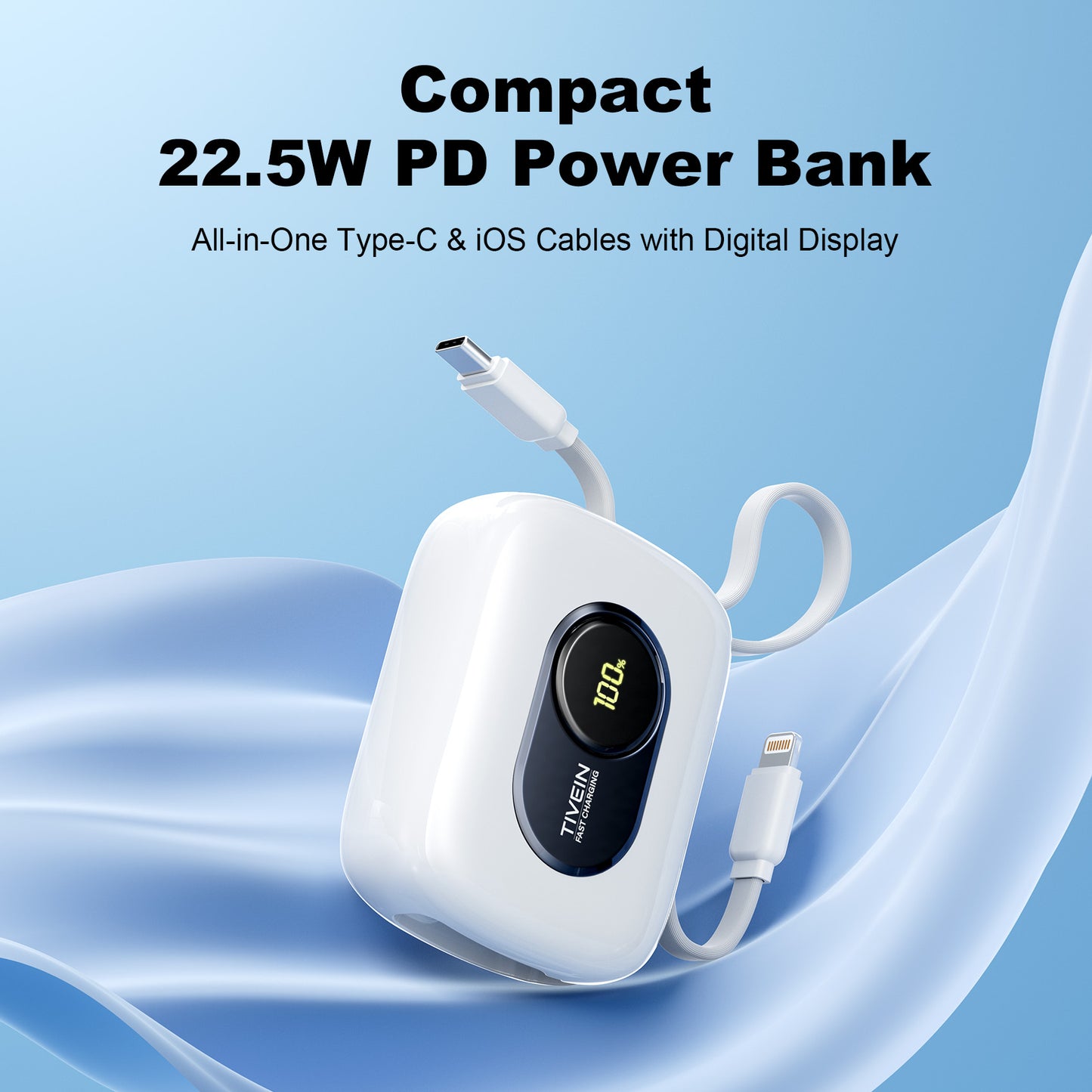 10000mAh Mini Power Bank (USB-C + USB-C/Lightning) with Built-in USB-C and Lightning Cables 22.5W