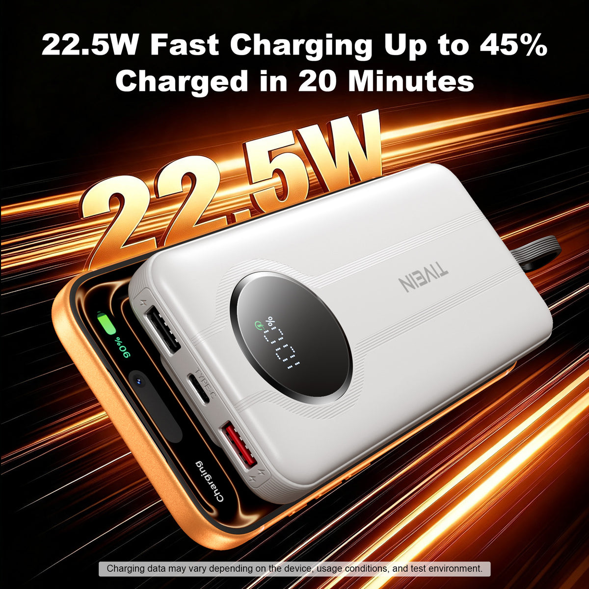 22.5W 10000mAh Power Bank (USB-A+USB-C + USB-C/Lightning) with Built-in USB-C and Lightning Cables