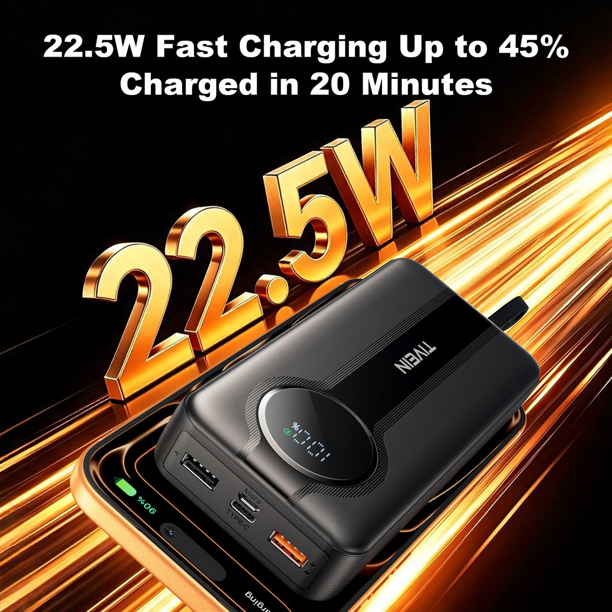Batería Externa de 22.5W y 20000mAh (USB-A+USB-C + USB-C/Lightning) con Cables USB-C y Lightning Integrados