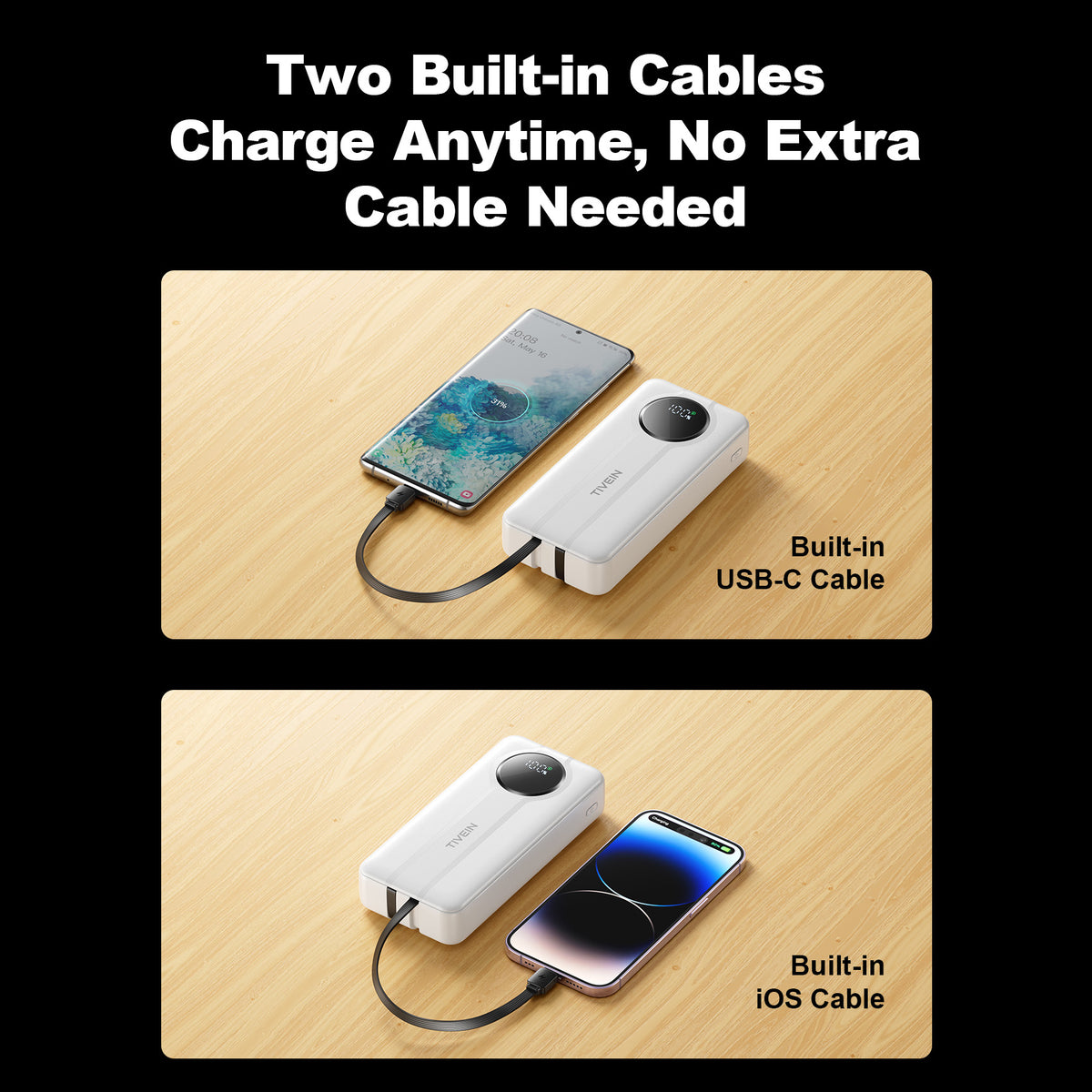 Batería Externa de 22.5W y 20000mAh (USB-A+USB-C + USB-C/Lightning) con Cables USB-C y Lightning Integrados