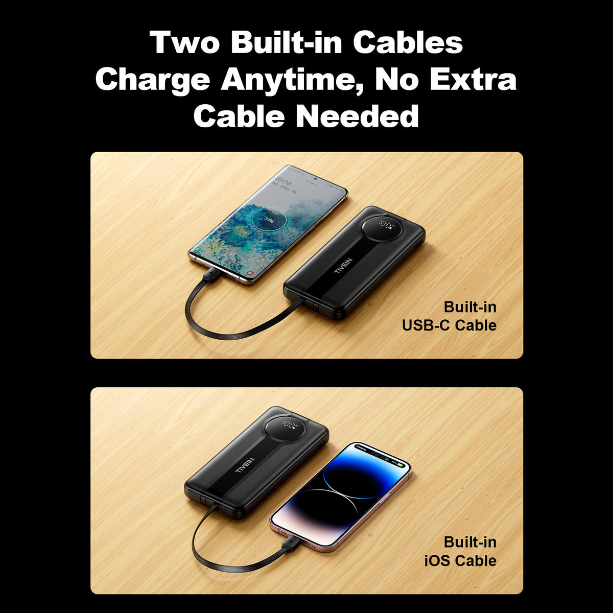 22.5W 10000mAh Power Bank (USB-A+USB-C + USB-C/Lightning) with Built-in USB-C and Lightning Cables