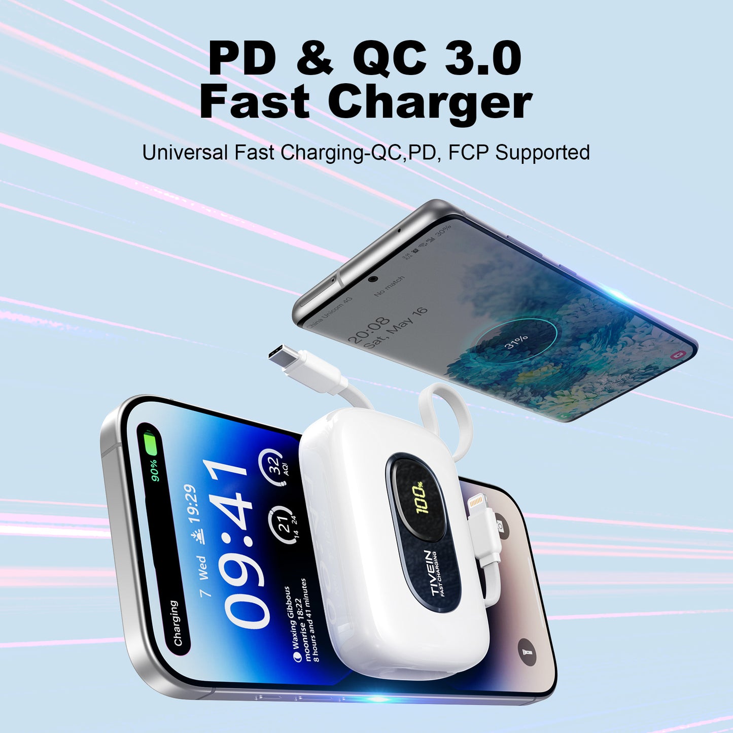 20000mAh Mini Power Bank (USB-C + USB-C/Lightning) with Built-in USB-C and Lightning Cables 22.5W