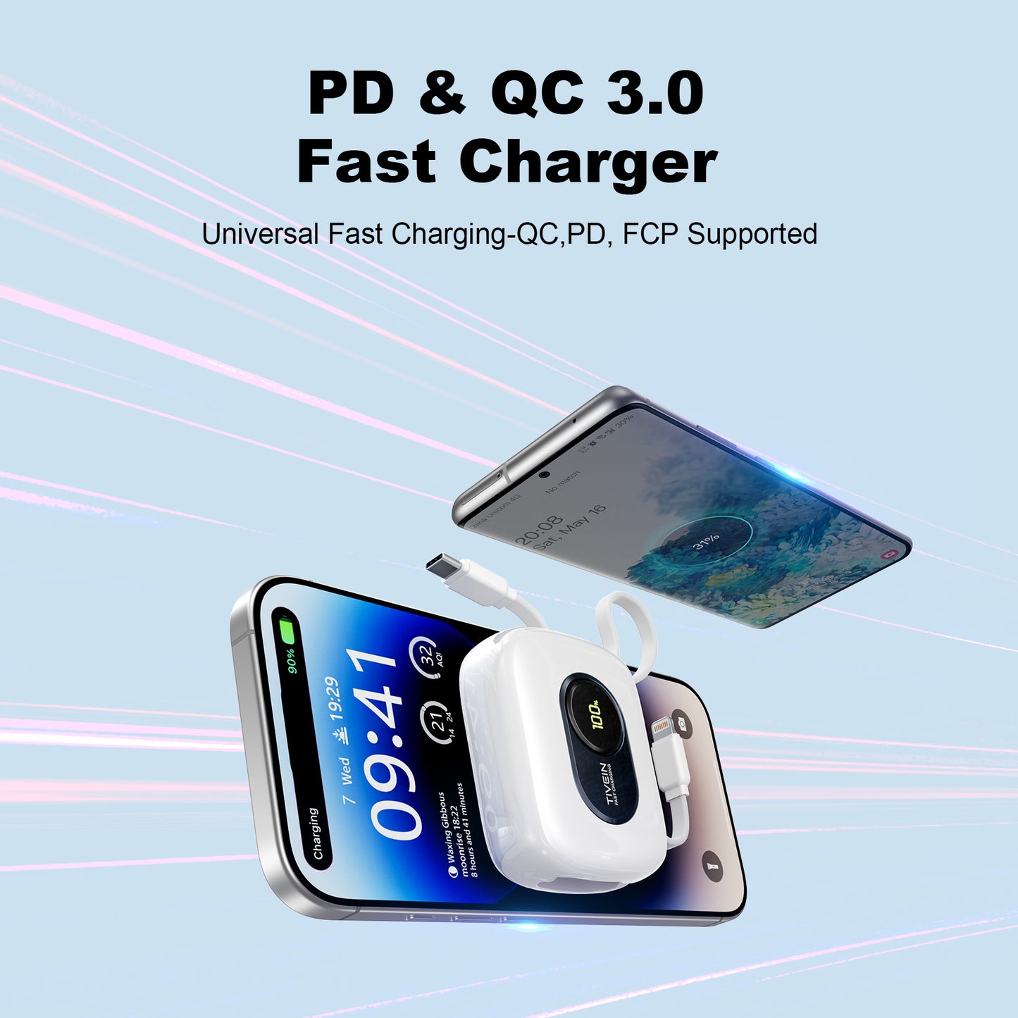 10000mAh Mini Power Bank (USB-C + USB-C/Lightning) with Built-in USB-C and Lightning Cables 22.5W