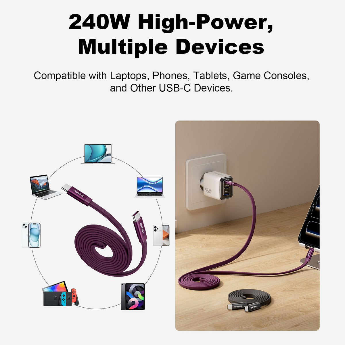 240W Flat Magnetic USB-C Charging Cable