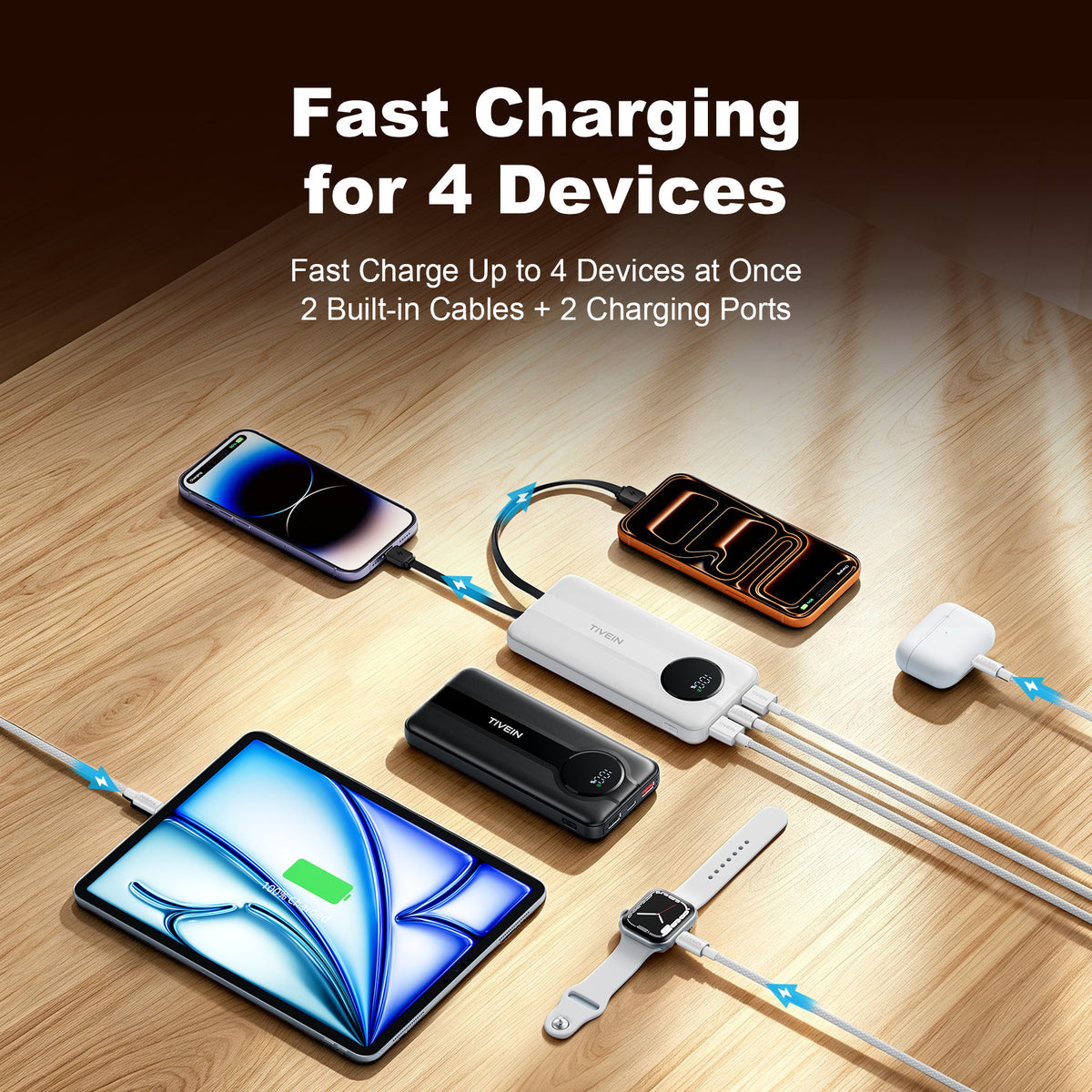 22.5W 10000mAh Power Bank (USB-A+USB-C + USB-C/Lightning) with Built-in USB-C and Lightning Cables
