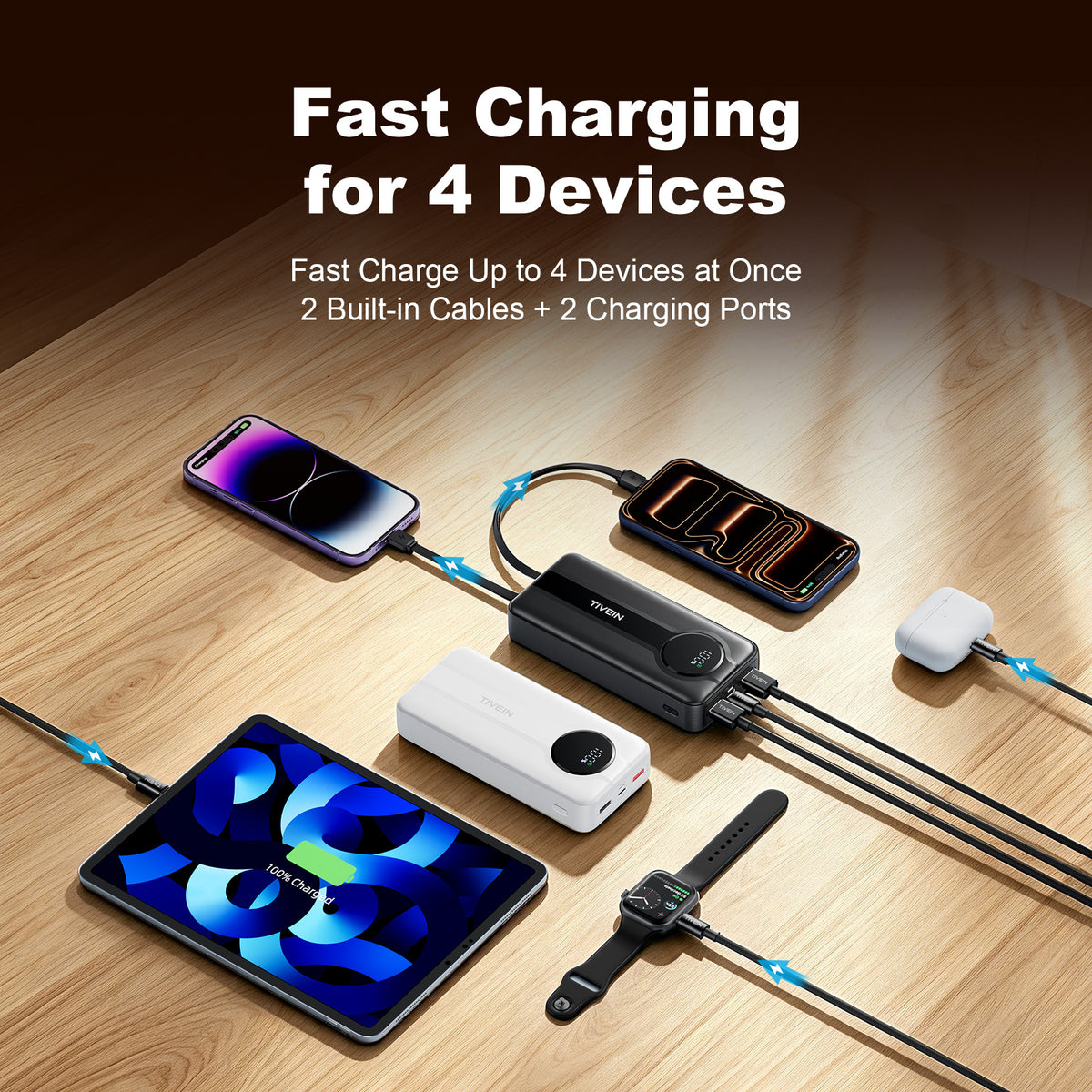 Batería Externa de 22.5W y 20000mAh (USB-A+USB-C + USB-C/Lightning) con Cables USB-C y Lightning Integrados