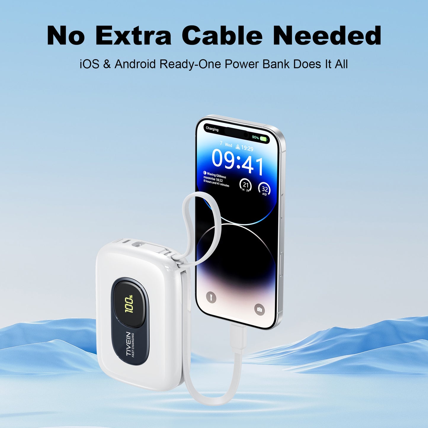 20000mAh Mini Power Bank (USB-C + USB-C/Lightning) with Built-in USB-C and Lightning Cables 22.5W