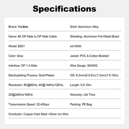 DisplayPort 1.4 Male to Male Cable Alum Type B201