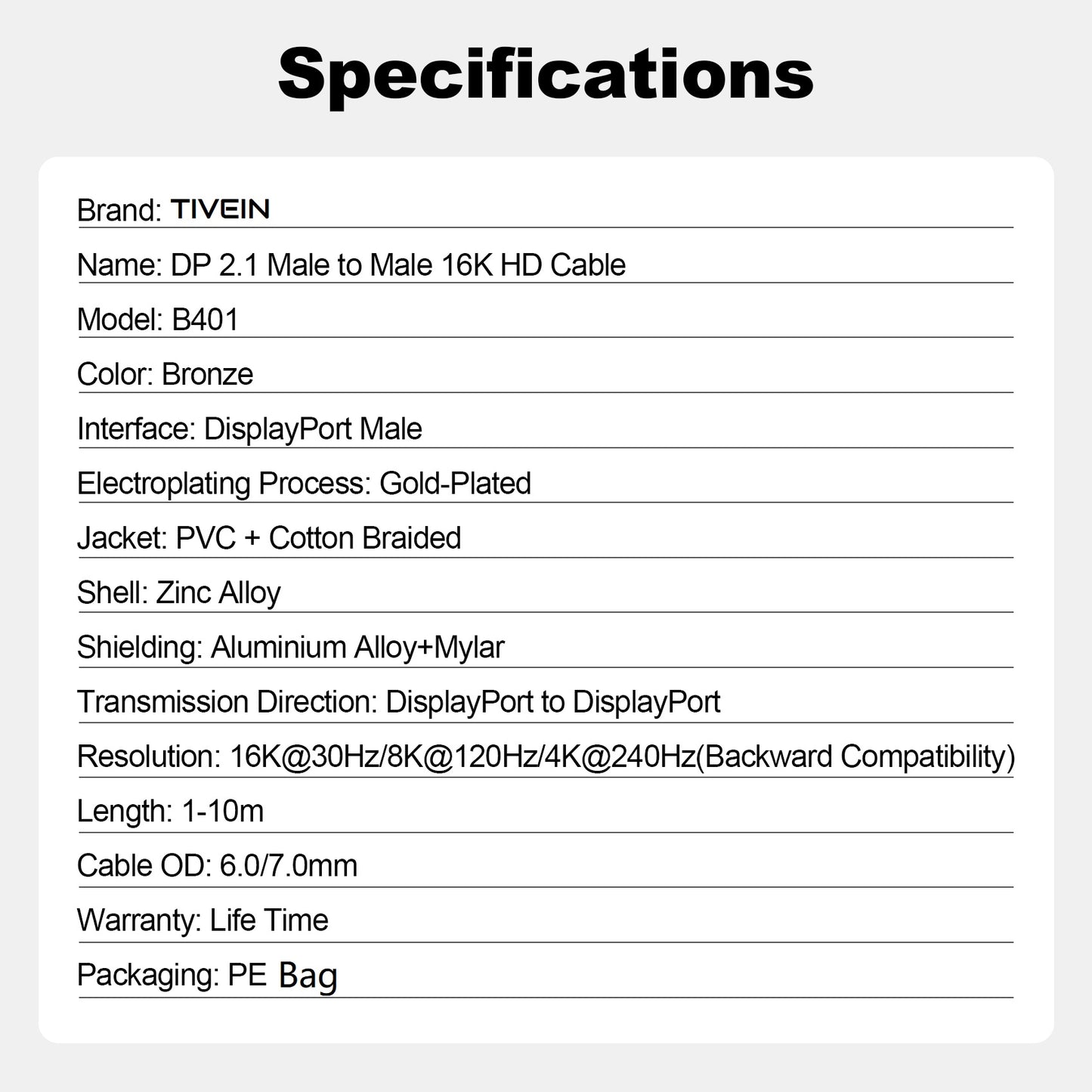 DisplayPort 2.1 Male to Male 54G Cable B401