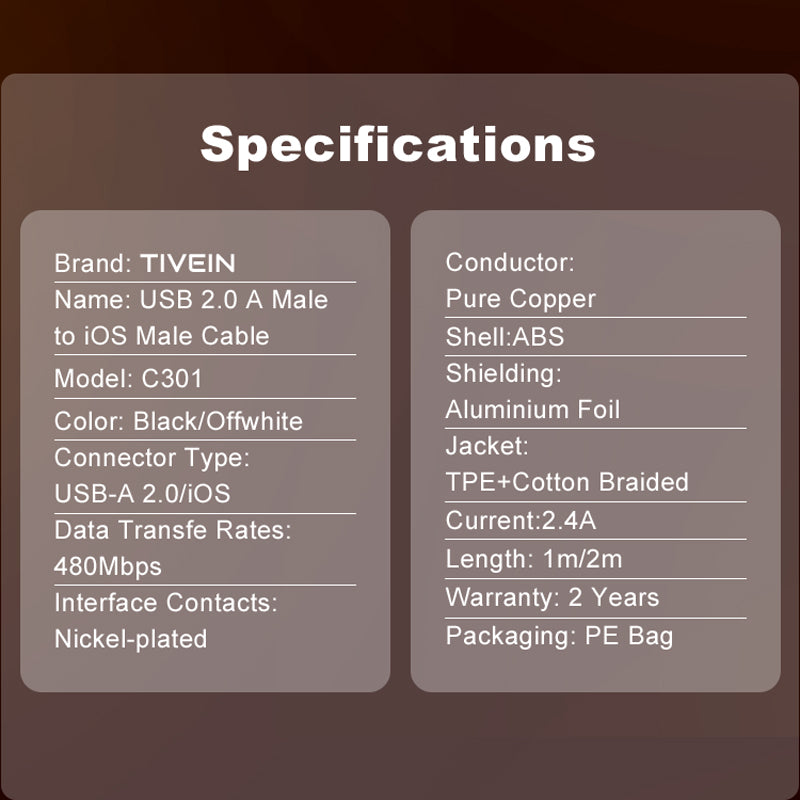 USB 2.0 A Male to Lightning Male Cable C301