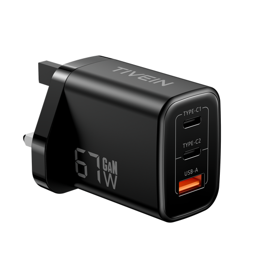67W 3-port USB(C+C+A) GaN Charger UK-Plug