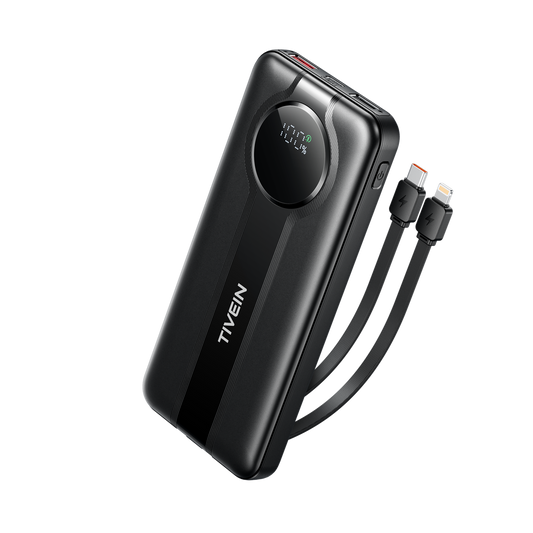 Batterie externe 10000 mAh 22,5 W (USB-A + USB-C + USB-C/Lightning) avec câbles USB-C et Lightning intégrés