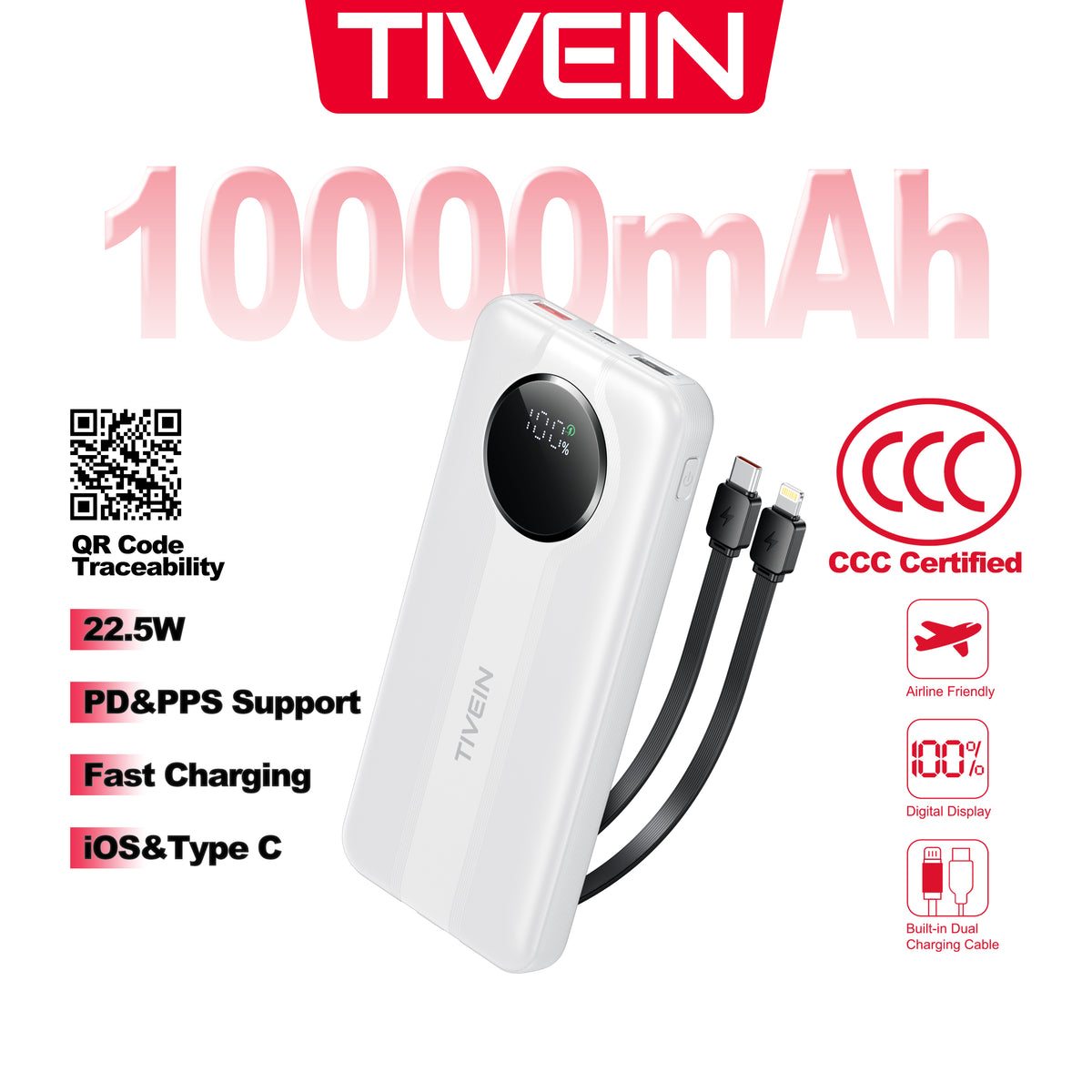 22.5W 10000mAh Power Bank (USB-A+USB-C + USB-C/Lightning) with Built-in USB-C and Lightning Cables