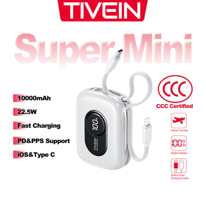 10000mAh Mini Power Bank (USB-C + USB-C/Lightning) with Built-in USB-C and Lightning Cables 22.5W