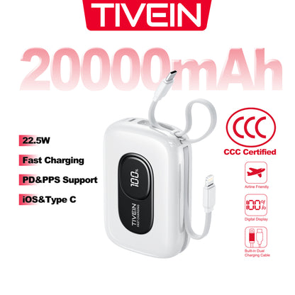 20000mAh Mini Power Bank (USB-C + USB-C/Lightning) with Built-in USB-C and Lightning Cables 22.5W