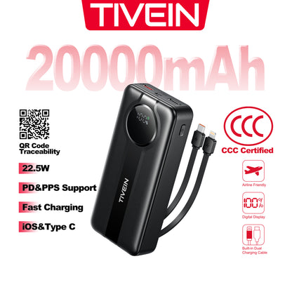 Batería Externa de 22.5W y 20000mAh (USB-A+USB-C + USB-C/Lightning) con Cables USB-C y Lightning Integrados
