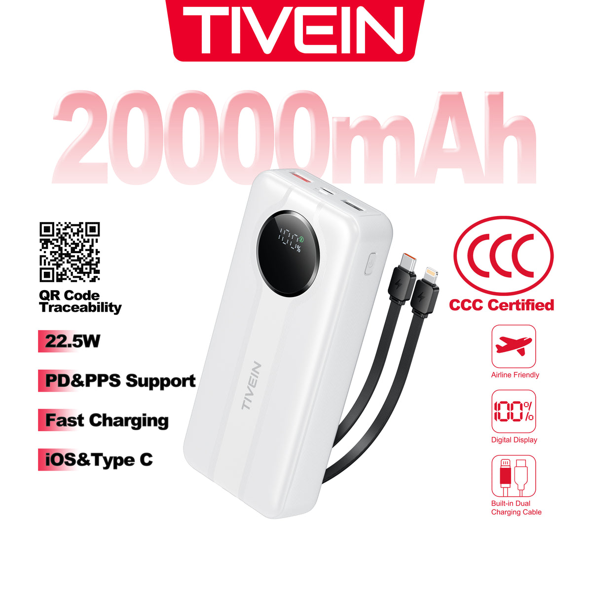 Batería Externa de 22.5W y 20000mAh (USB-A+USB-C + USB-C/Lightning) con Cables USB-C y Lightning Integrados