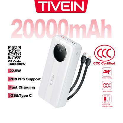 Batería Externa de 22.5W y 20000mAh (USB-A+USB-C + USB-C/Lightning) con Cables USB-C y Lightning Integrados