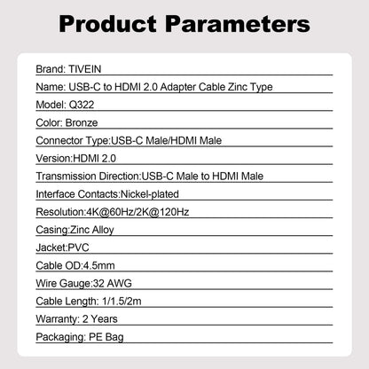 USB-C to HDMI 4K Adapter Cable Zinc Type